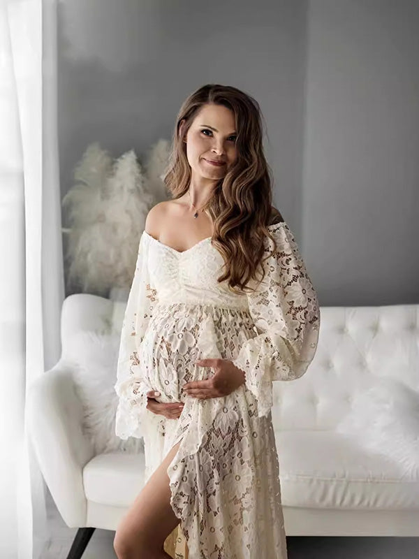 Beaumama robe longue grossesse élégant enceinte shooting costume deux pièces dentelle fendu le côté queue frange volants femme enceinte
