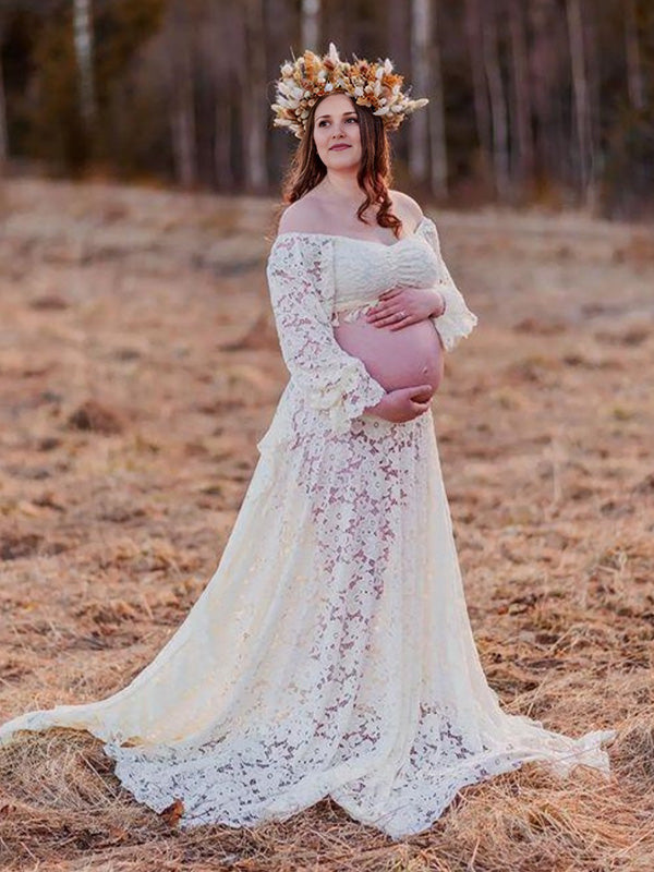 Beaumama robe longue grossesse élégant enceinte shooting costume deux pièces dentelle fendu le côté queue frange volants femme enceinte