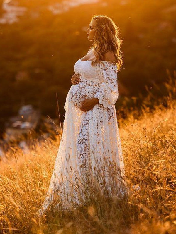 Beaumama robe longue grossesse élégant enceinte shooting costume deux pièces dentelle fendu le côté queue frange volants femme enceinte