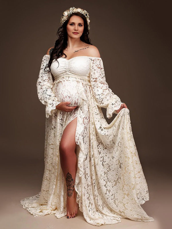 Beaumama robe longue grossesse élégant enceinte shooting costume deux pièces dentelle fendu le côté queue frange volants femme enceinte