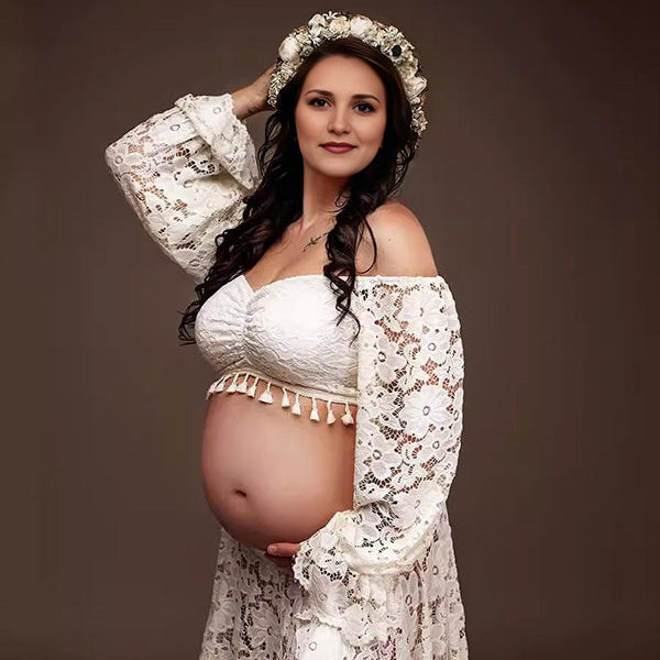 Beaumama robe longue grossesse élégant enceinte shooting costume deux pièces dentelle fendu le côté queue frange volants femme enceinte