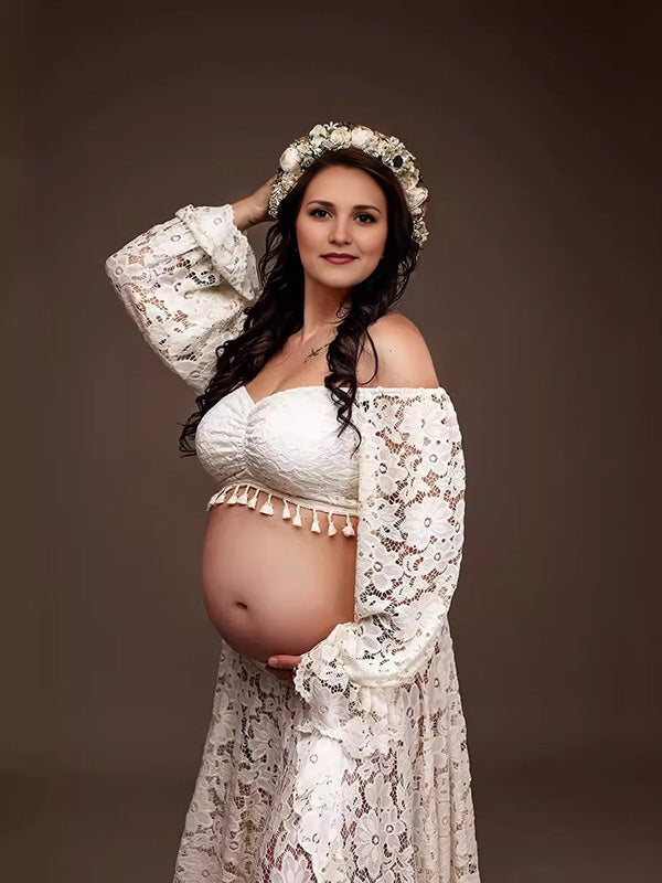 Beaumama robe longue grossesse élégant enceinte shooting costume deux pièces dentelle fendu le côté queue frange volants femme enceinte