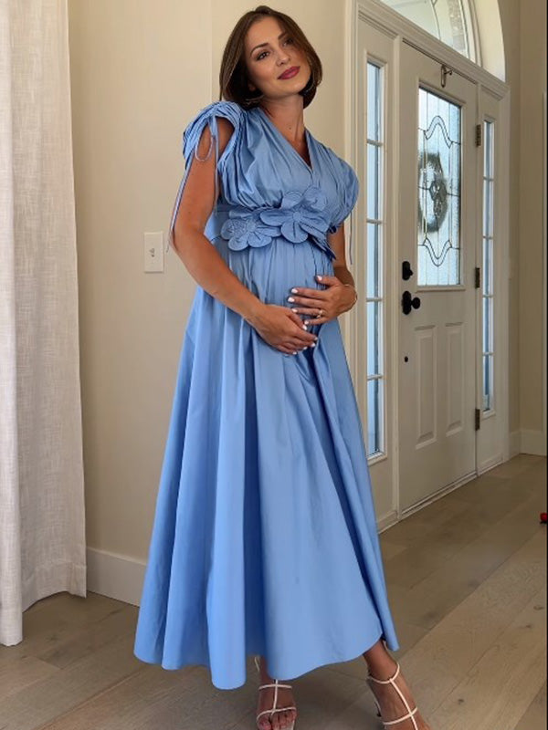Beaumama robe longue grossesse élégant vacances applique fleur coulisse taille dos nu trapèze fluide enceinte shooting femme enceinte
