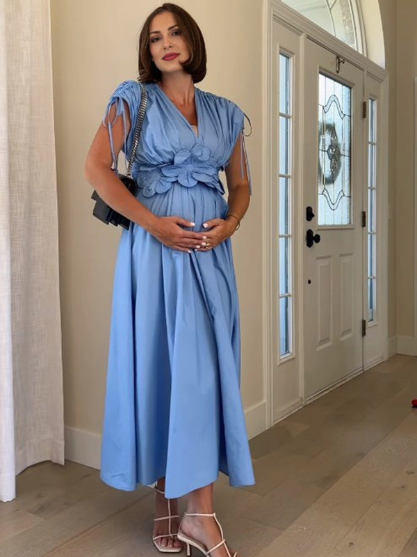 Beaumama robe longue grossesse élégant vacances applique fleur coulisse taille dos nu trapèze fluide enceinte shooting femme enceinte