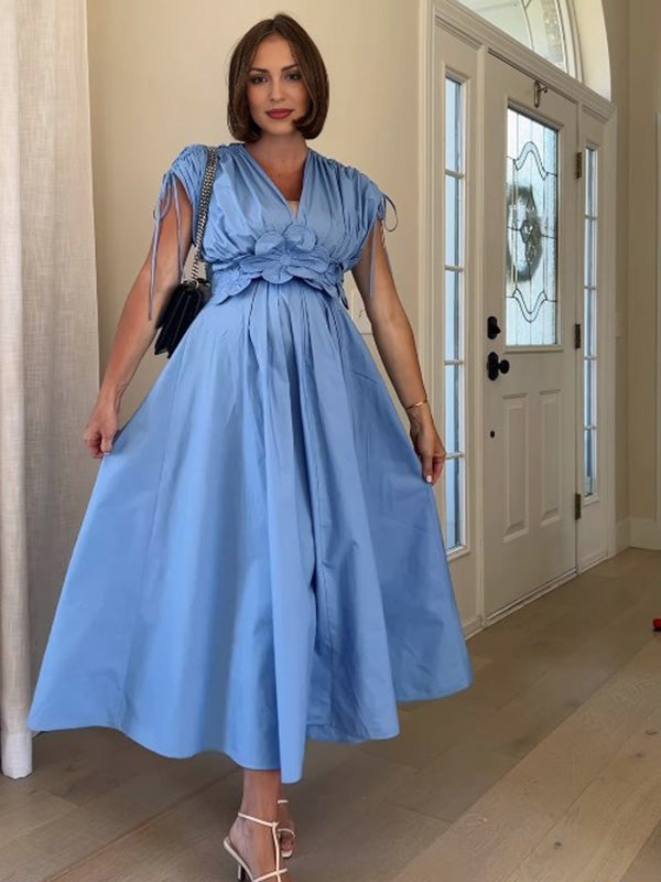 Beaumama robe longue grossesse élégant vacances applique fleur coulisse taille dos nu trapèze fluide enceinte shooting femme enceinte