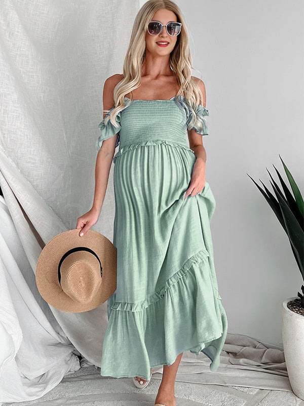 Beaumama robe longue grossesse bohème vacances fluide trapèze volants col bateau enceinte shooting femme enceinte