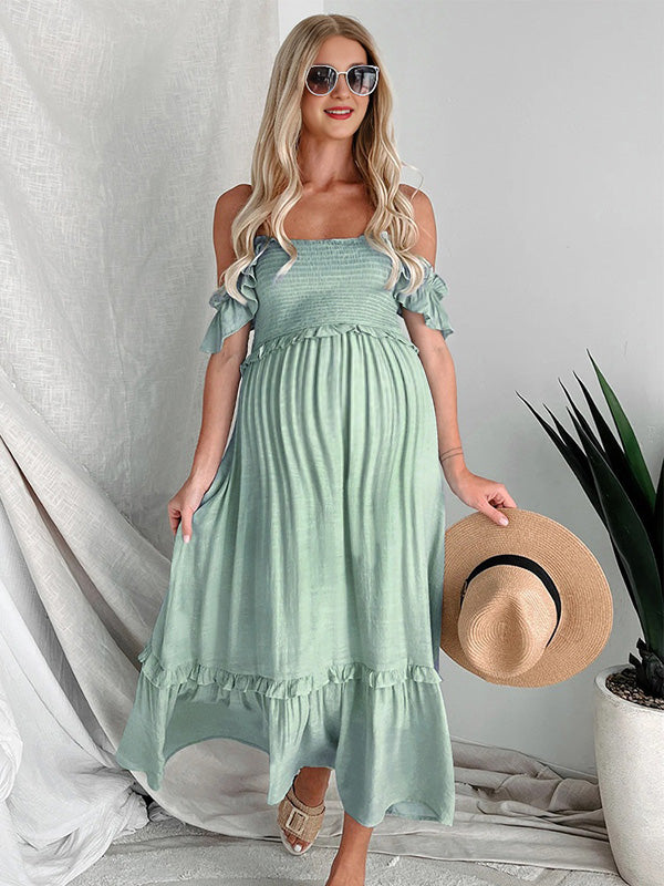 Beaumama robe longue grossesse bohème vacances fluide trapèze volants col bateau enceinte shooting femme enceinte