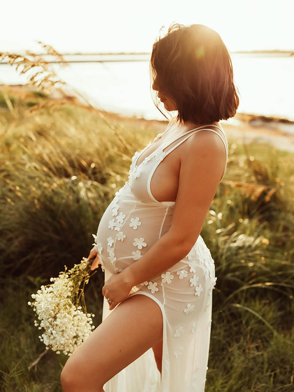 Beaumama robe photo longue grossesse élégant vacances tulle transparent applique fleur fendu le côté dos nu femme enceinte