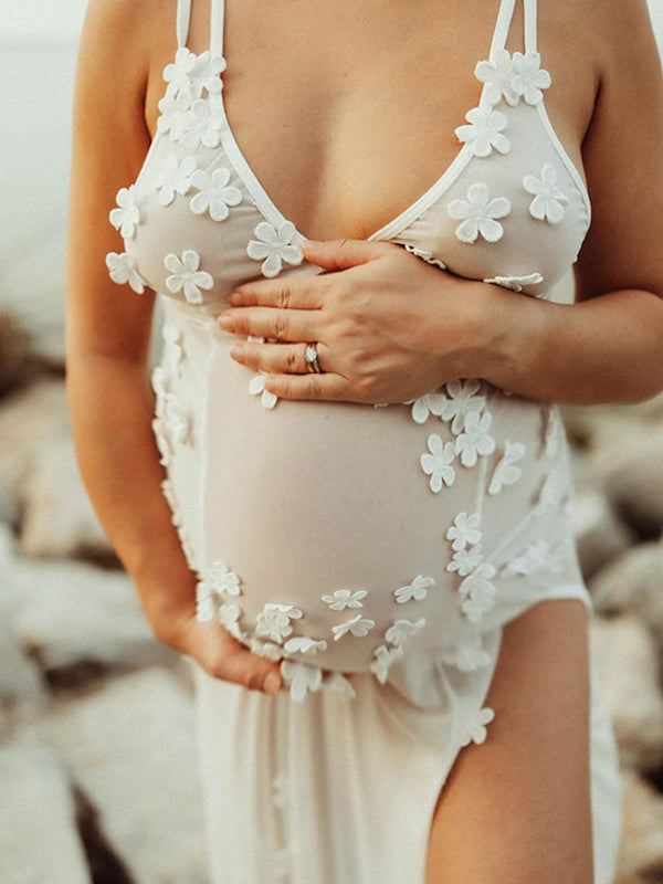 Beaumama robe photo longue grossesse élégant vacances tulle transparent applique fleur fendu le côté dos nu femme enceinte