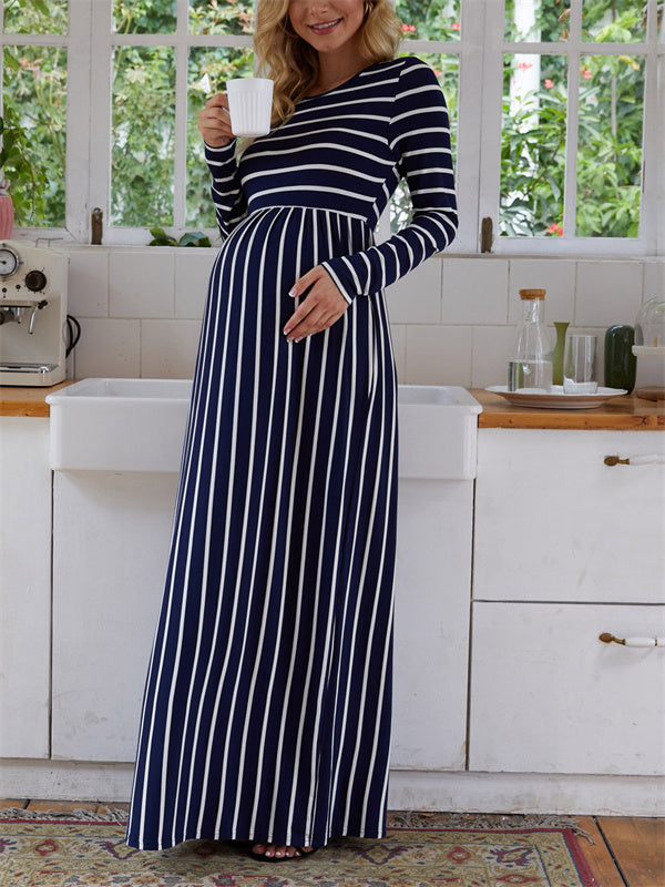 Beaumama robes longue grossesse rayé col rond robes manches longues femme enceinte