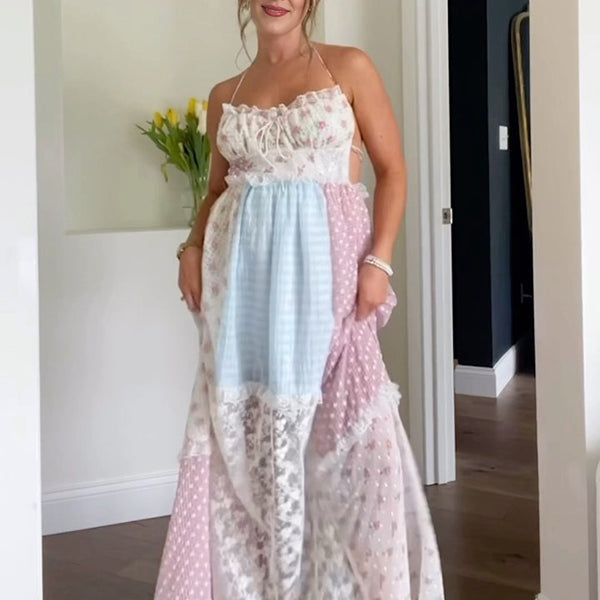 Beaumama robe longue grossesse bohème casual vacances imprimé fleurie dentelle couleur bloc croisé dos femme enceinte