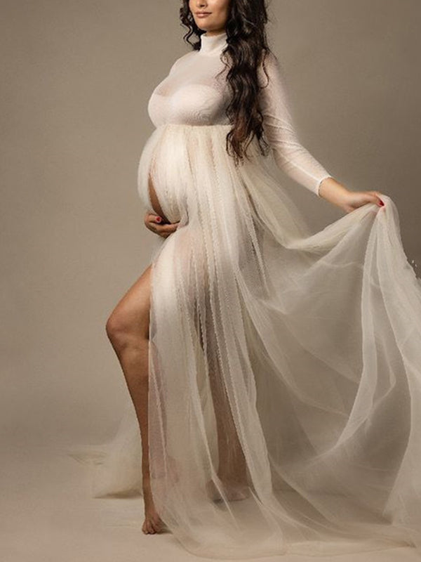 Beaumama robes longue grossesse fendu le côté demi-col roulé femme enceinte