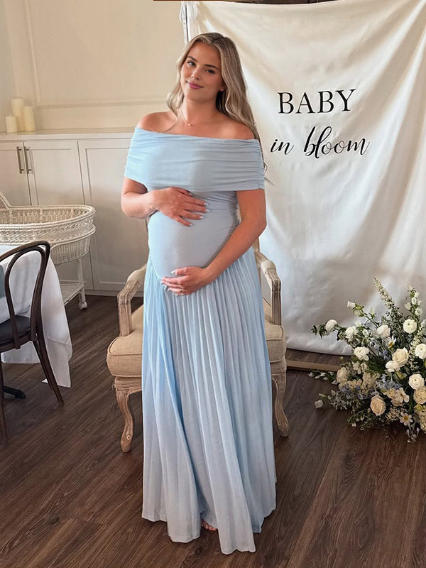 Beaumama robe babyshower garçon longue grossesse élégant cérémonie plissé moulante fluide col bateau femme enceinte