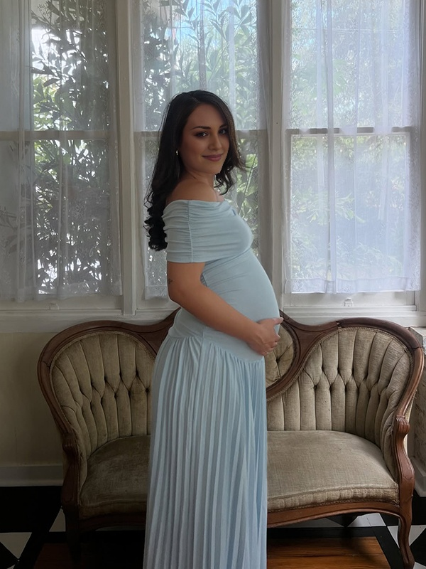 Beaumama robe babyshower garçon longue grossesse élégant cérémonie plissé moulante fluide col bateau femme enceinte