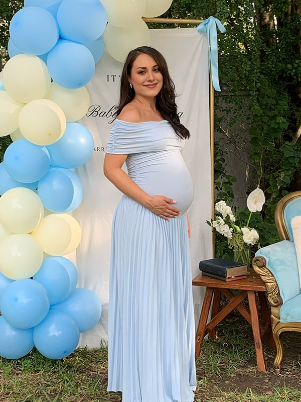Beaumama robe babyshower garçon longue grossesse élégant cérémonie plissé moulante fluide col bateau femme enceinte