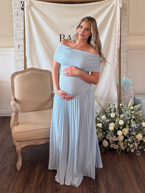 Beaumama robe babyshower garçon longue grossesse élégant cérémonie plissé moulante fluide col bateau femme enceinte