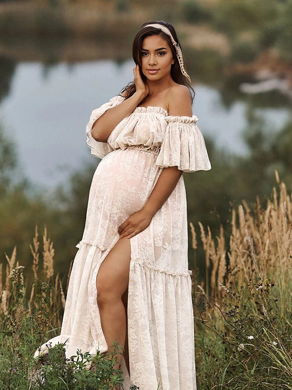 Beaumama robe longue grossesse élégant enceinte shooting costume deux pièces dentelle fendu le côté fluide queue femme enceinte