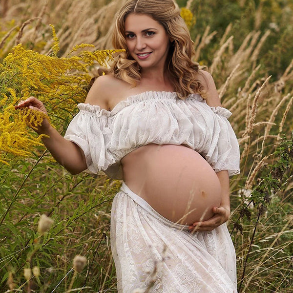 Beaumama robe longue grossesse élégant enceinte shooting costume deux pièces dentelle fendu le côté fluide queue femme enceinte
