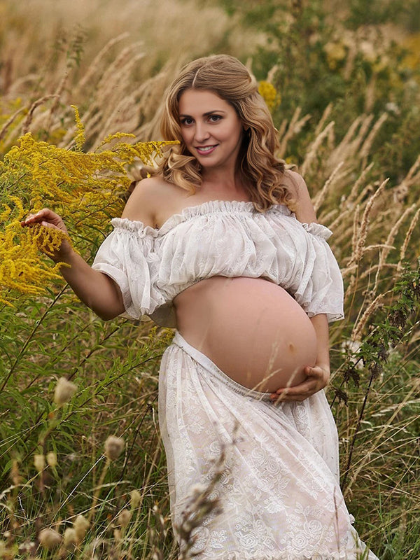 Beaumama robe longue grossesse élégant enceinte shooting costume deux pièces dentelle fendu le côté fluide queue femme enceinte