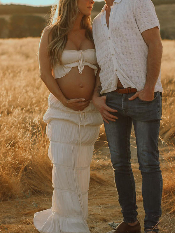 Beaumama robe longue grossesse élégant enceinte shooting costume deux pièces plissé volants coulisse taille femme enceinte