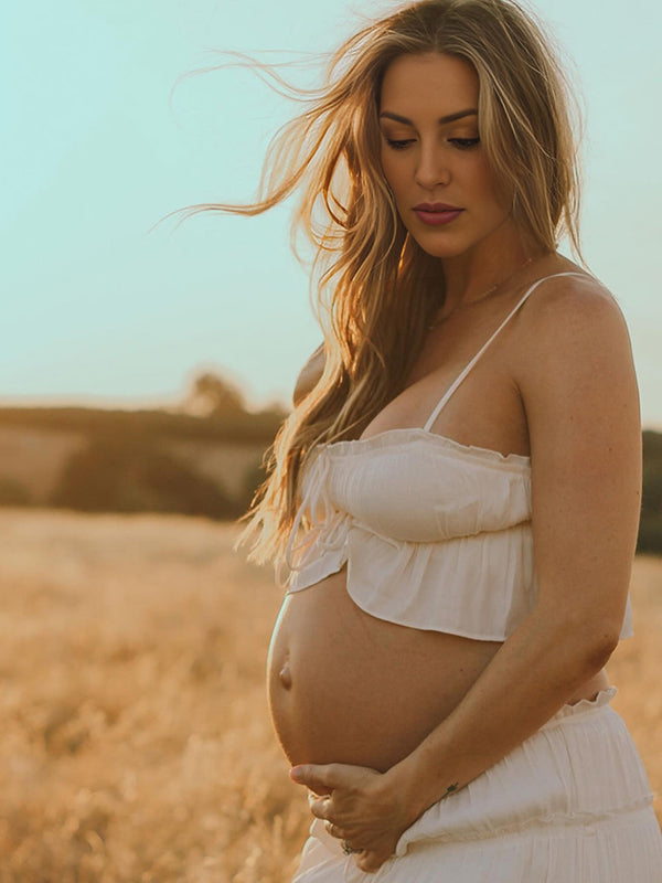 Beaumama robe longue grossesse élégant enceinte shooting costume deux pièces plissé volants coulisse taille femme enceinte