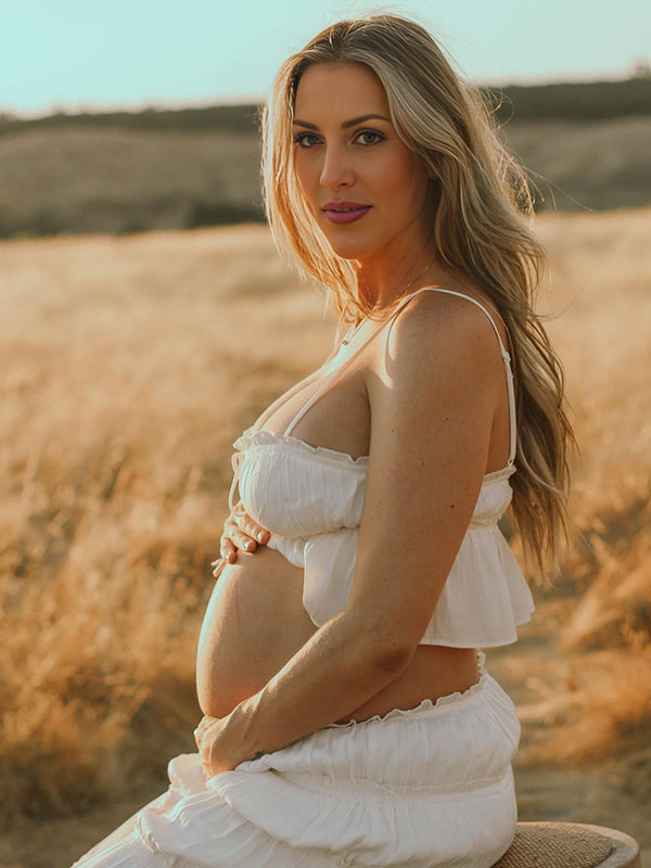 Beaumama robe longue grossesse élégant enceinte shooting costume deux pièces plissé volants coulisse taille femme enceinte