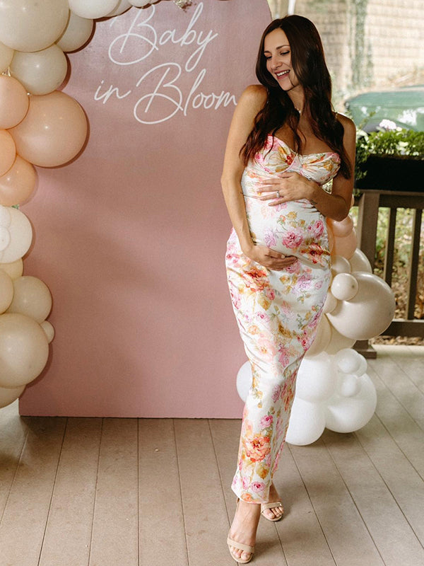 Beaumama robes longue grossesse imprimé fleurie strap élégantes femme enceinte
