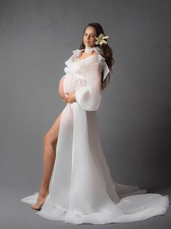 Beaumama robes longue grossesse élégant enceinte shooting volants bouffante tutu fente avant queue femme enceinte