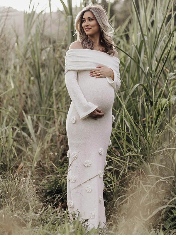 Beaumama robes longue grossesse applique fleur tricot col bateau manches trompette élégant femme enceinte