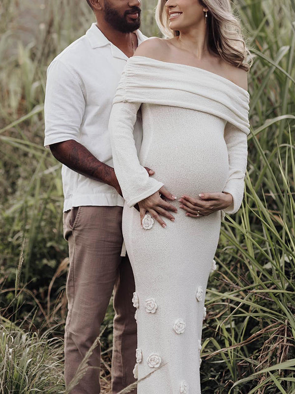 Beaumama robes longue grossesse applique fleur tricot col bateau manches trompette élégant femme enceinte