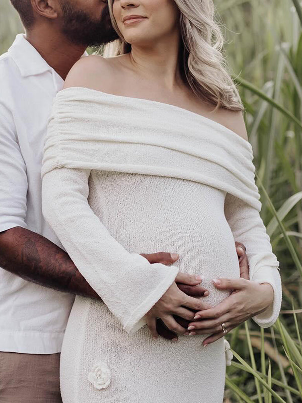 Beaumama robes longue grossesse applique fleur tricot col bateau manches trompette élégant femme enceinte