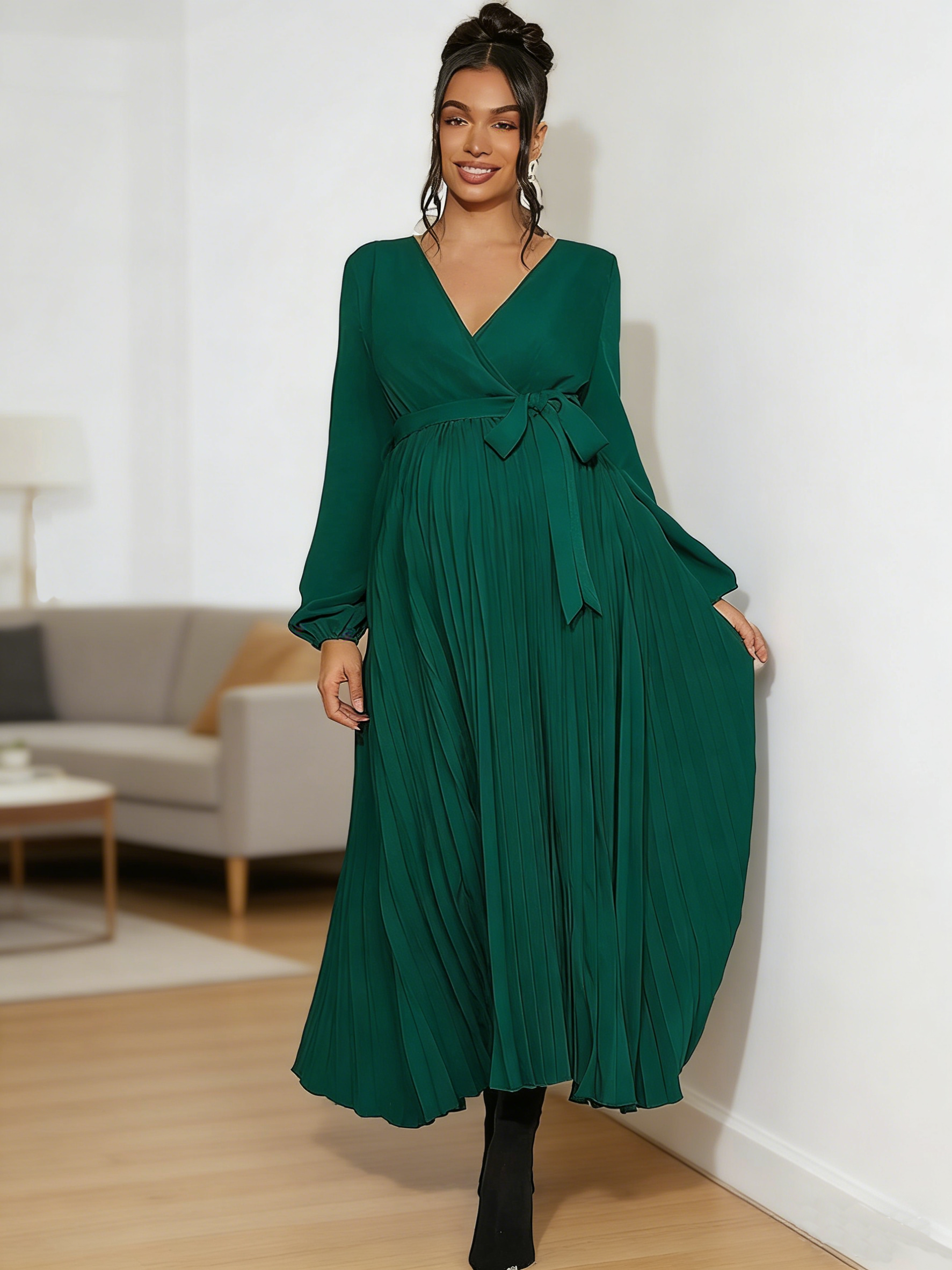 Beaumama robes longue grossesse élégant casual ceinture plissé fluide manchon de lanterne cérémonie femme enceinte