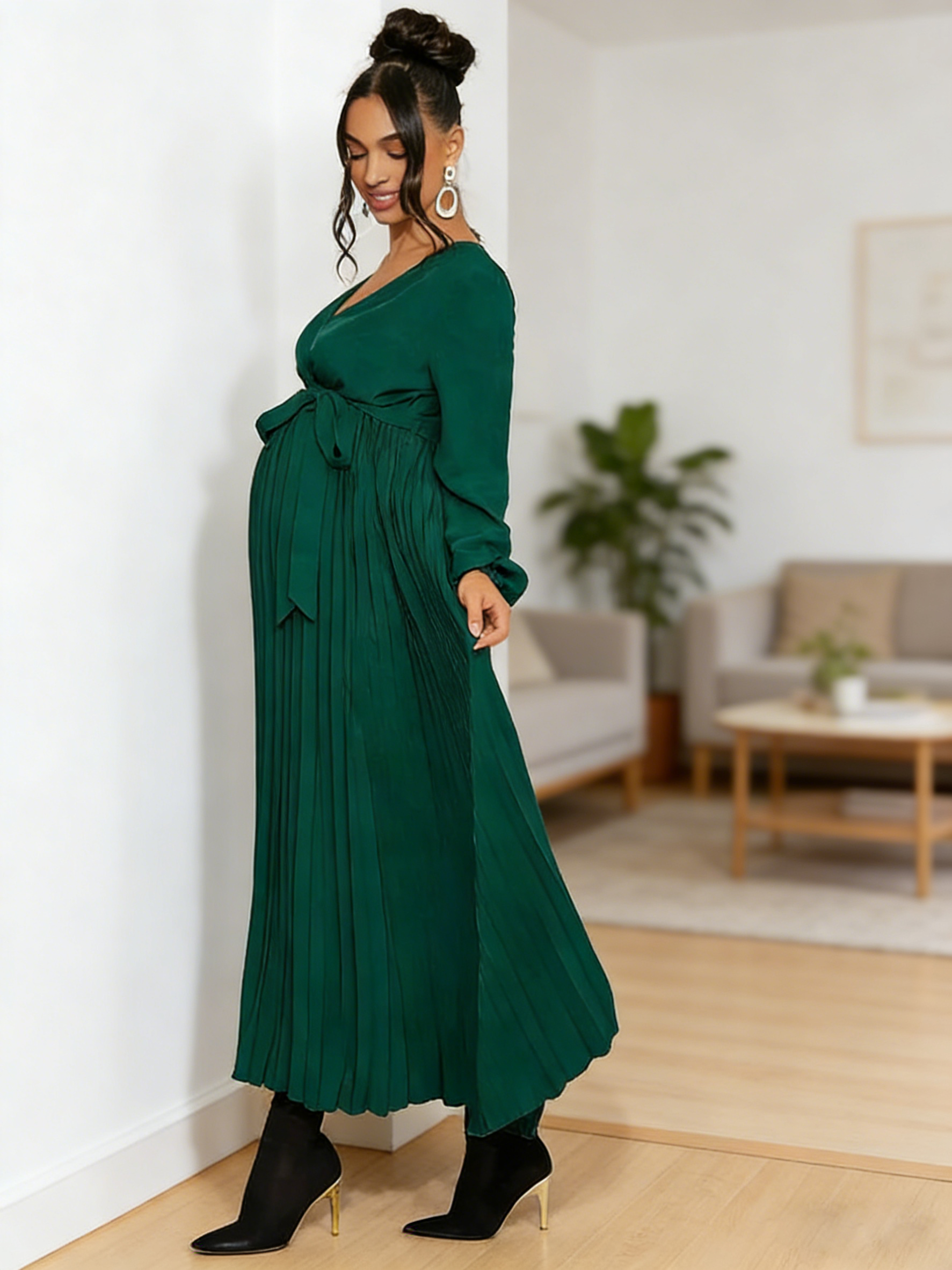 Beaumama robes longue grossesse élégant casual ceinture plissé fluide manchon de lanterne cérémonie femme enceinte