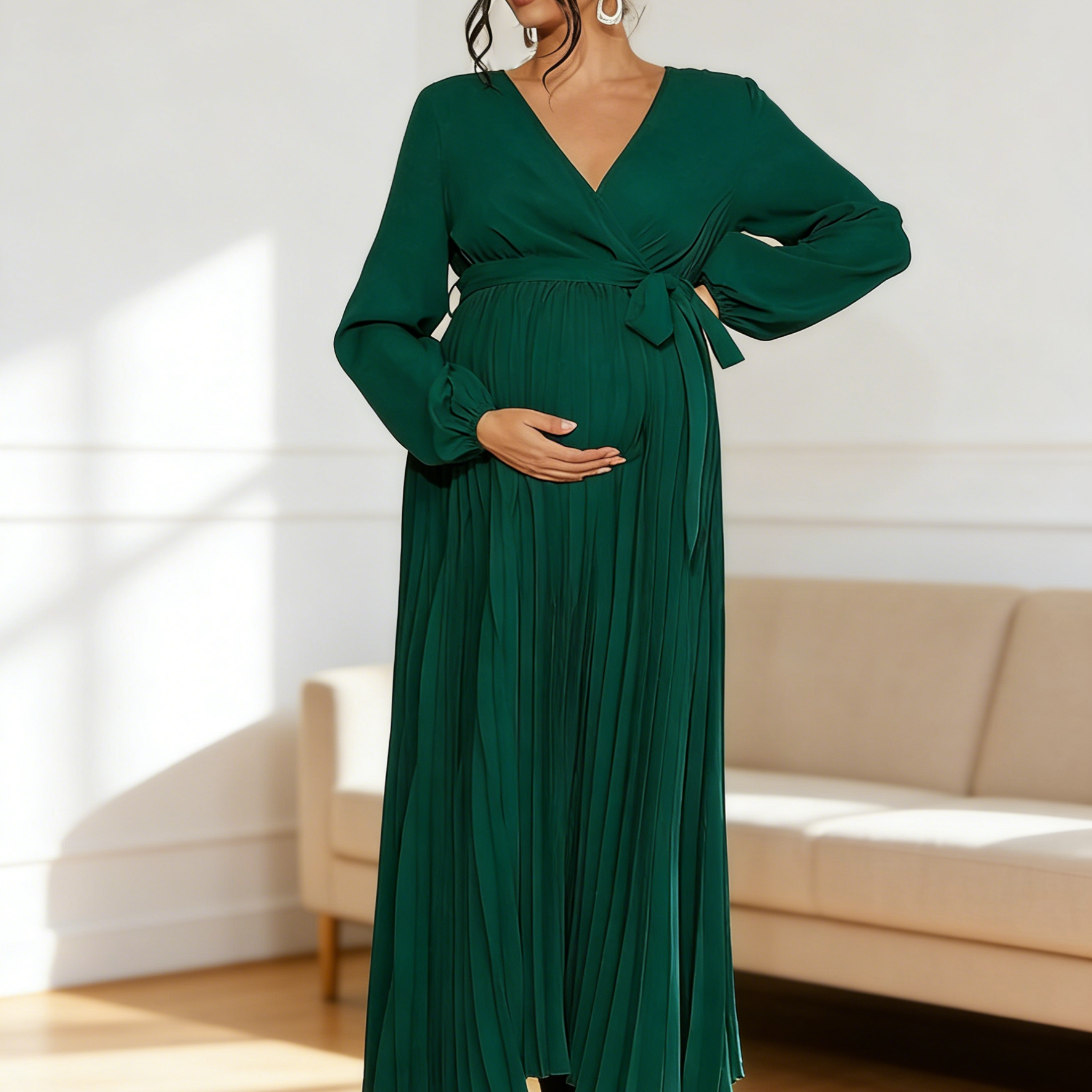 Beaumama robes longue grossesse élégant casual ceinture plissé fluide manchon de lanterne cérémonie femme enceinte