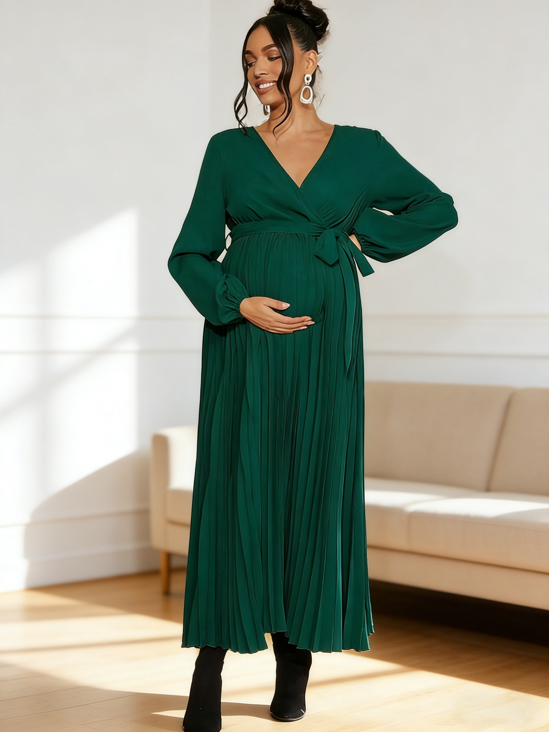 Beaumama robes longue grossesse élégant casual ceinture plissé fluide manchon de lanterne cérémonie femme enceinte