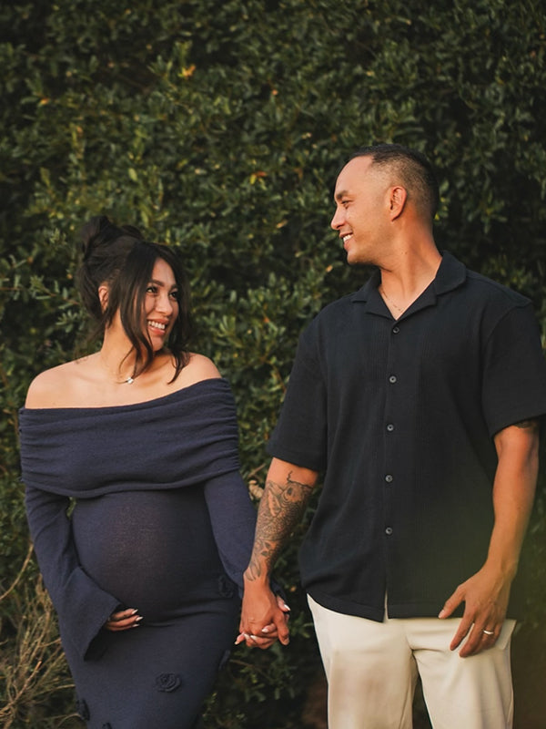 Beaumama robes longue grossesse élégant crochet tricot fleurie moulante col bateau cérémonie femme enceinte