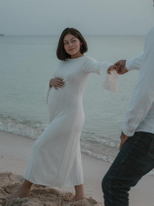 Beaumama robes longue grossesse élégant casual rayé dos nu fluide manches trompette enceinte shooting femme enceinte