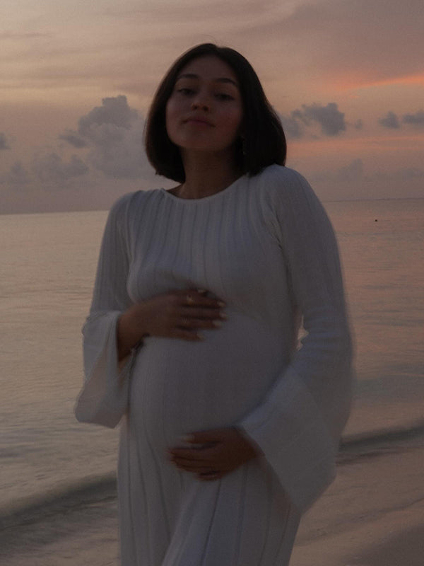 Beaumama robes longue grossesse élégant casual rayé dos nu fluide manches trompette enceinte shooting femme enceinte