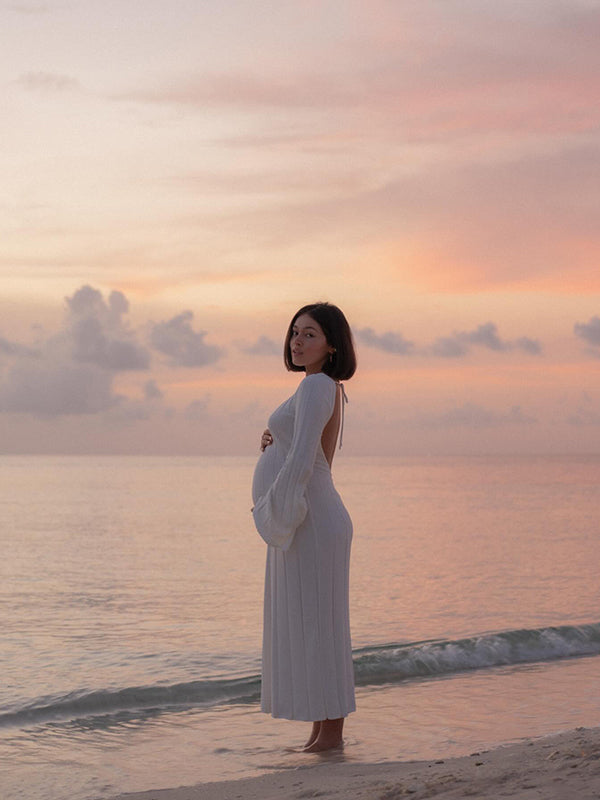 Beaumama robes longue grossesse élégant casual rayé dos nu fluide manches trompette enceinte shooting femme enceinte