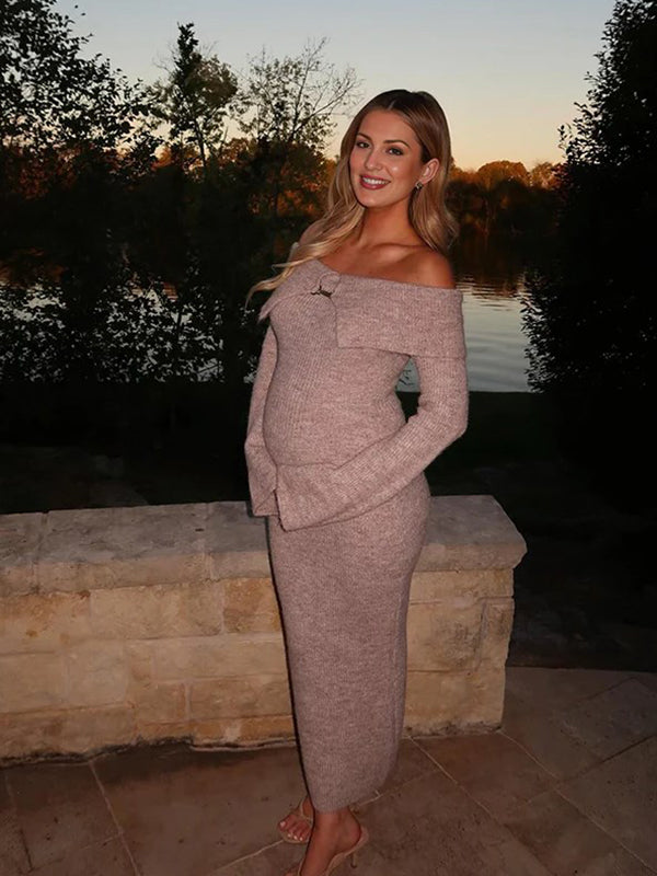Beaumama robe longue pull grossesse crochet tricot moulante boucle décorative en métal col bateau femme enceinte