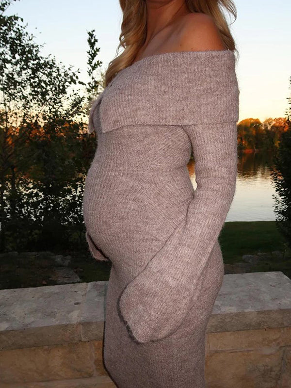 Beaumama robe longue pull grossesse crochet tricot moulante boucle décorative en métal col bateau femme enceinte