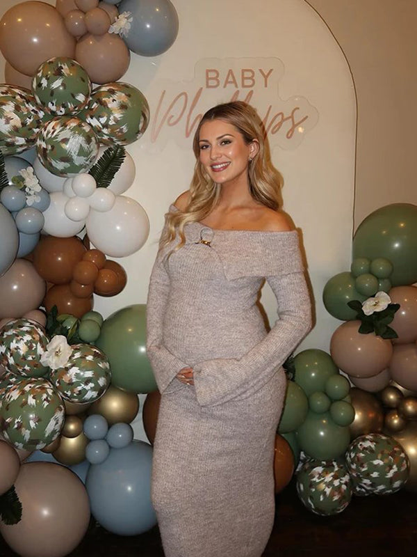 Beaumama robe longue pull grossesse crochet tricot moulante boucle décorative en métal col bateau femme enceinte
