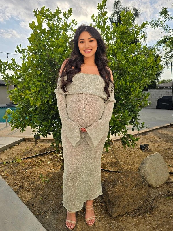 Beaumama robes longue grossesse tricot col bateau manches trompette élégant femme enceinte