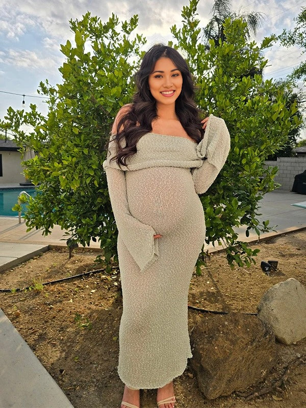Beaumama robes longue grossesse tricot col bateau manches trompette élégant femme enceinte