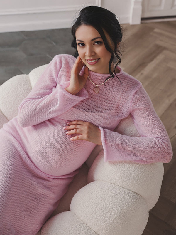 Beaumama robes longue grossesse tricot costume deux pièces col rond élégant femme enceinte