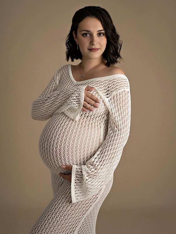 Beaumama robes longue grossesse tricot découpe v-cou élégant femme enceinte