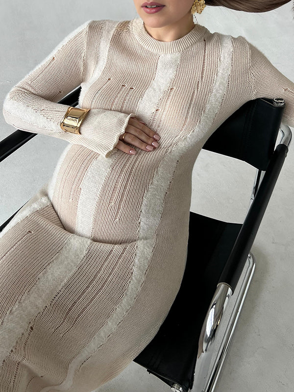 Beaumama robes longue grossesse élégant couleur bloc rayé trou moulante casual femme enceinte