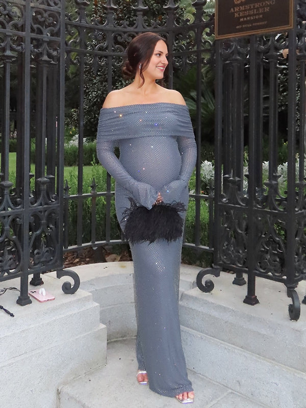 Beaumama robes longue grossesse brillante paillette col bateau manches évasées élégant femme enceinte