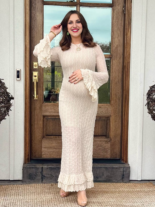 Beaumama robes longue grossesse volants col rond manches trompette élégant femme enceinte