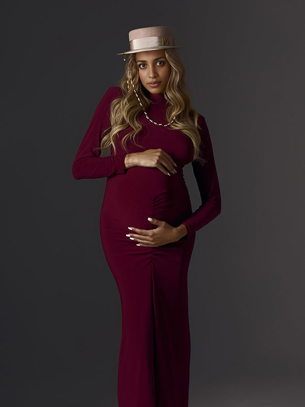 Beaumama robes longue grossesse plissé moulante col rond élégant femme enceinte